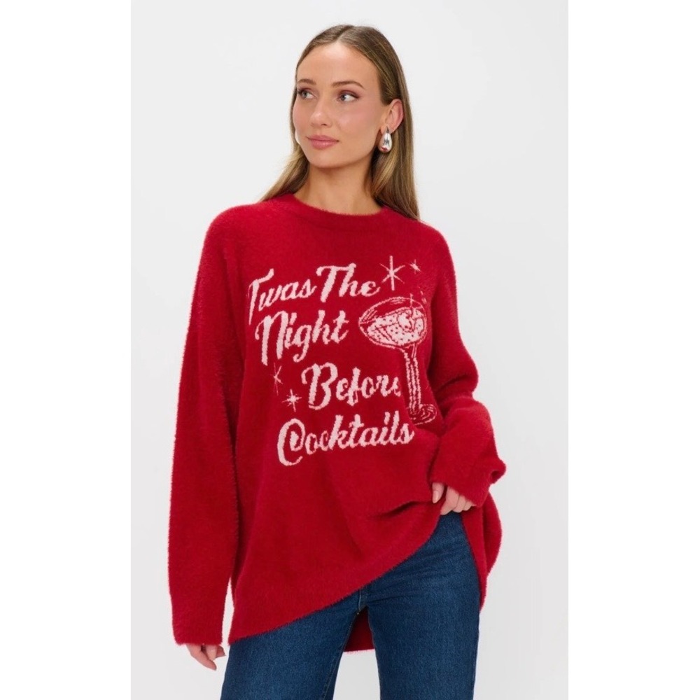 Show Me Your Mumu Twas The Night Before Cocktails Red Fuzzy Sweater Medium NWT - Picture 1 of 6